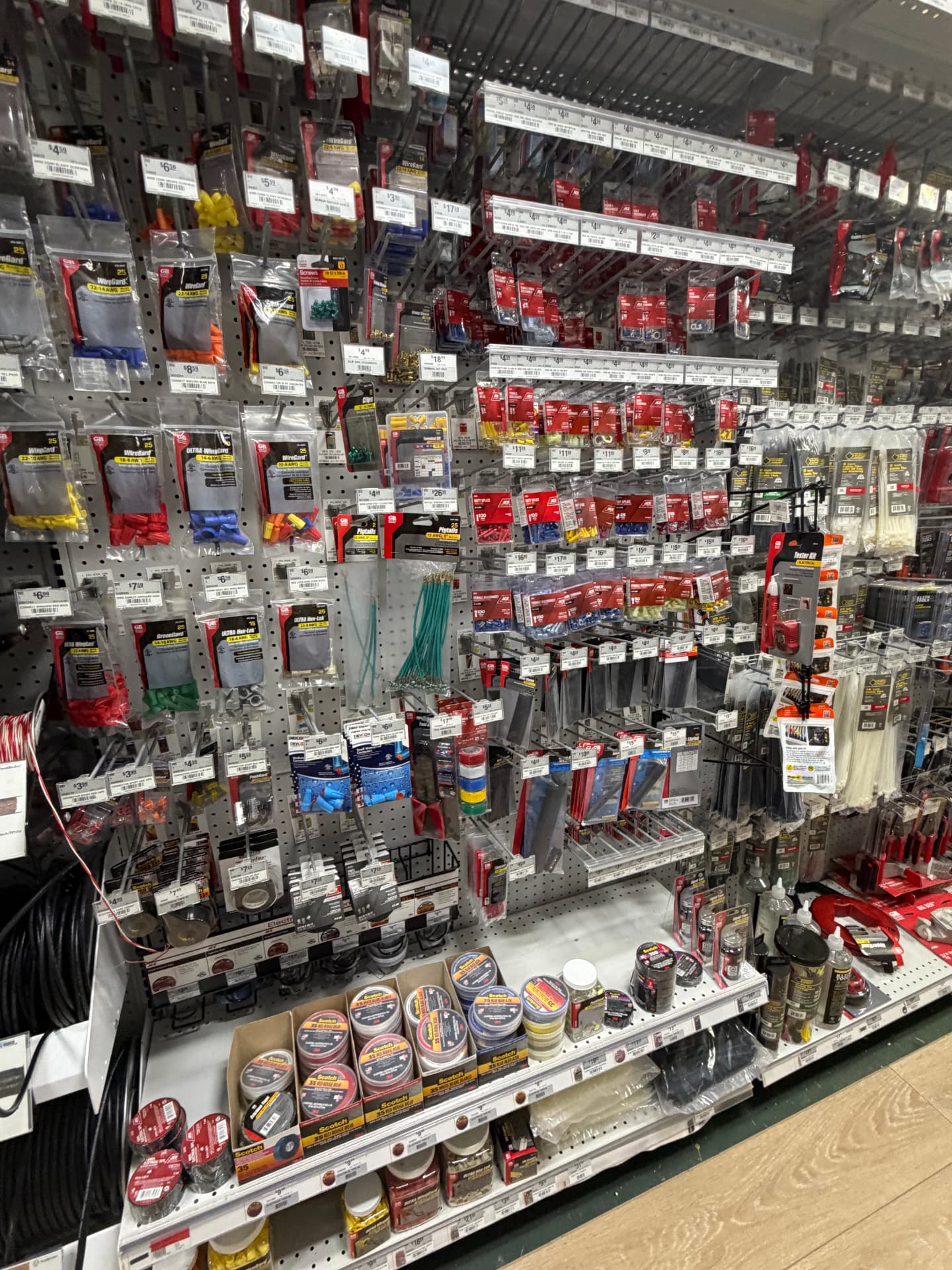 Wire nuts, crimp connectors, electrical tape, cable ties and testers