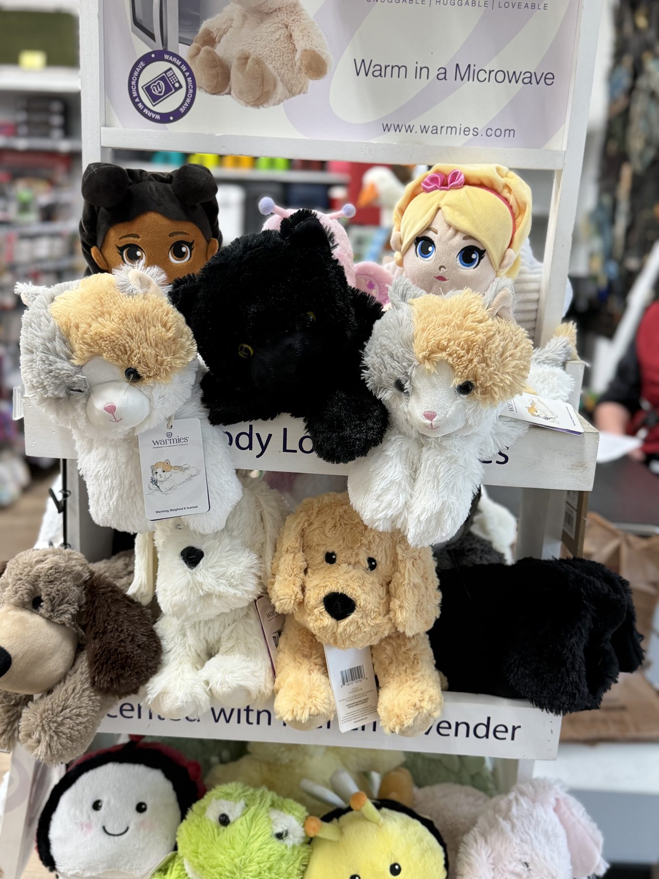 Warmies microwavable stuffed plush animals and dolls scented with French lavender on display at Hessler Paint & Hardware in Delray Beach, Florida.