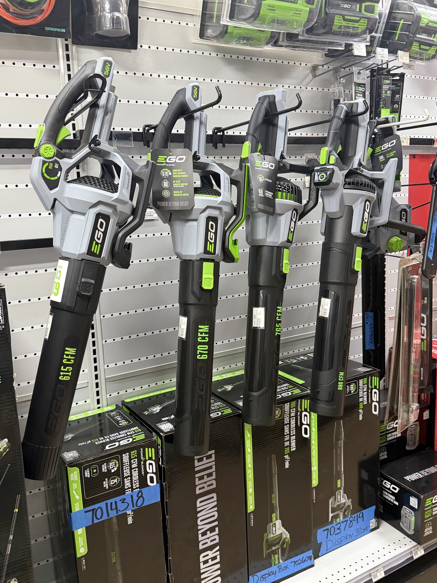 A display of EGO Power+ 56V cordless leaf blowers including 615 CFM and 670 CFM models at Hessler Paint & Hardware in Delray Beach, Florida.