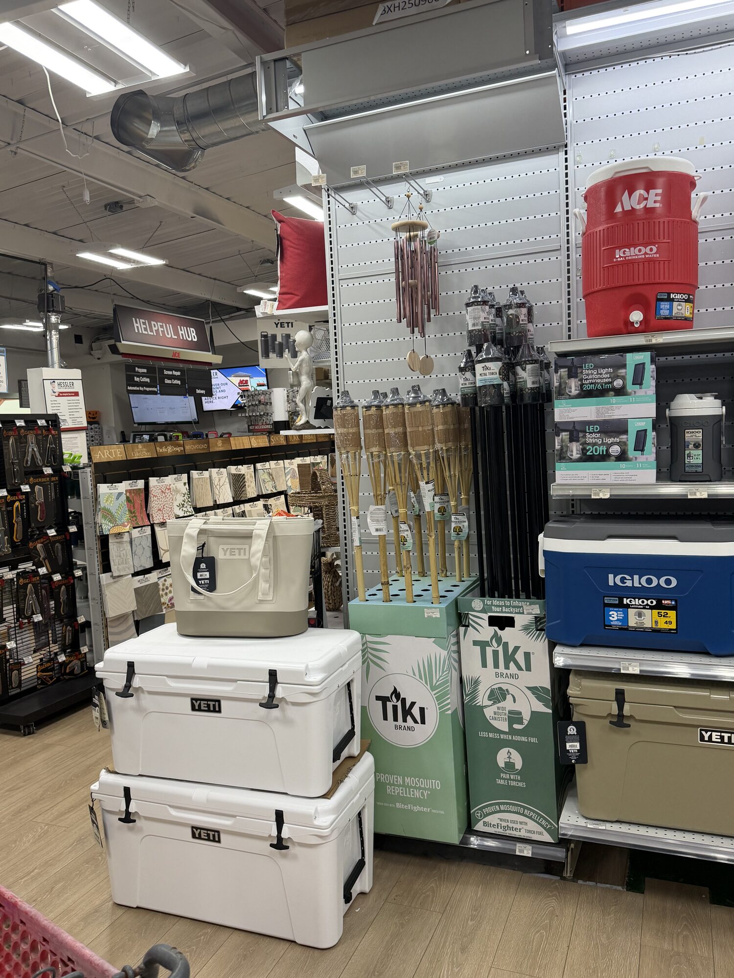 YETI hard and soft coolers, Igloo coolers, and Tiki Brand torches and repellent at Hessler Paint & Hardware in Delray Beach, Florida.