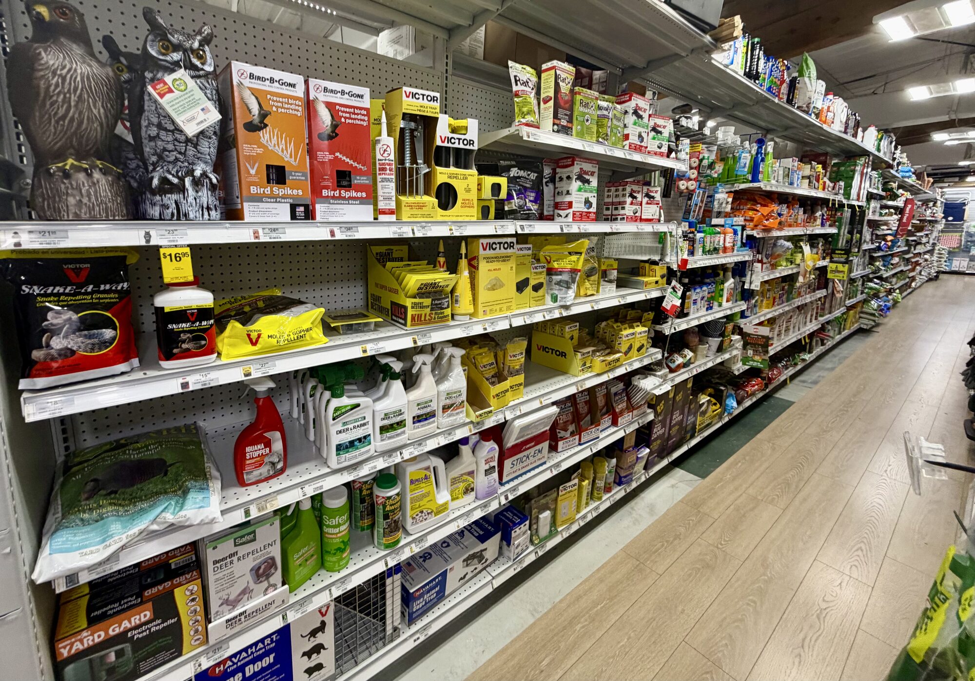 A wide selection of pest control products including Victor traps, Bird-X spikes, and Havahart traps at Hessler Paint & Hardware in Delray Beach, Florida.