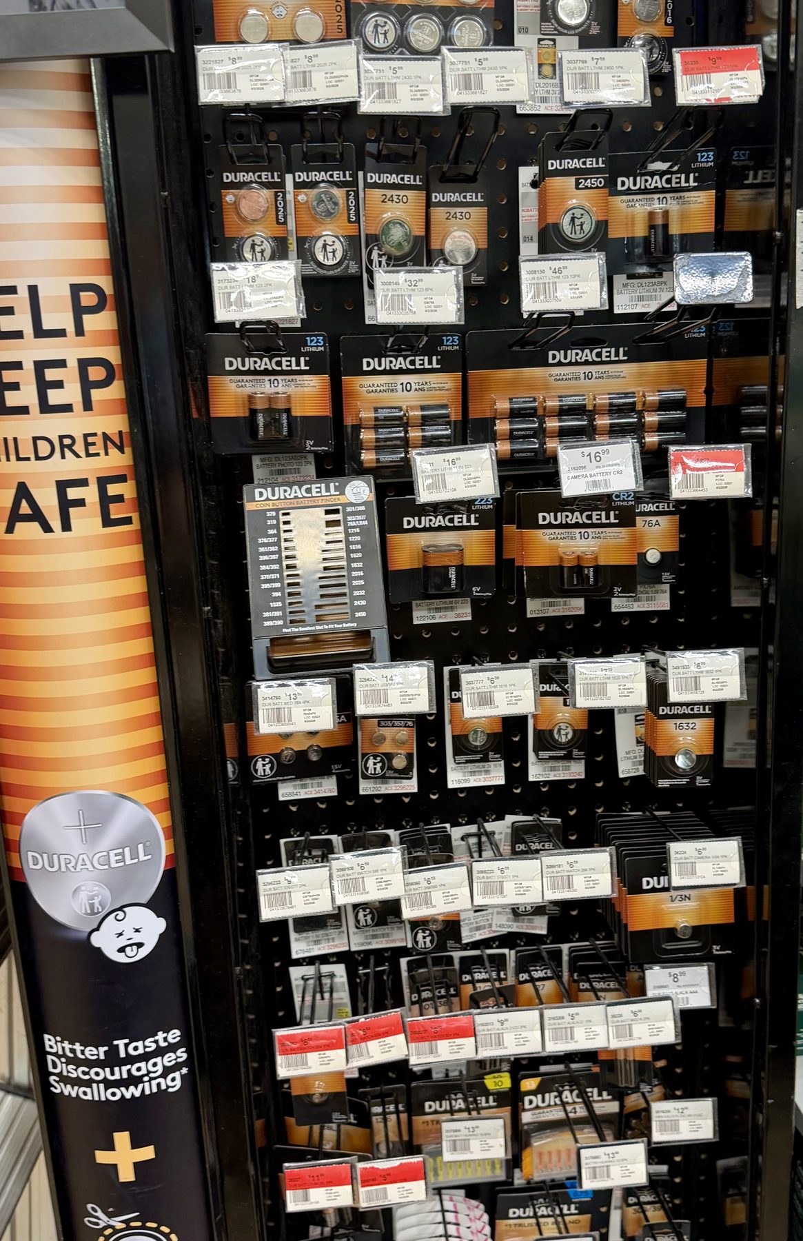 Duracell specialty coin button cell and lithium batteries on display at Hessler Paint & Hardware in Delray Beach, Florida.