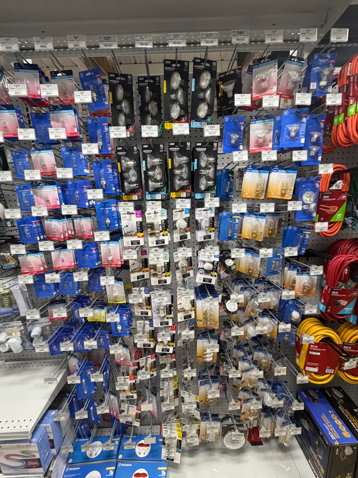Pegboard of halogen, appliance and small-base specialty bulbs