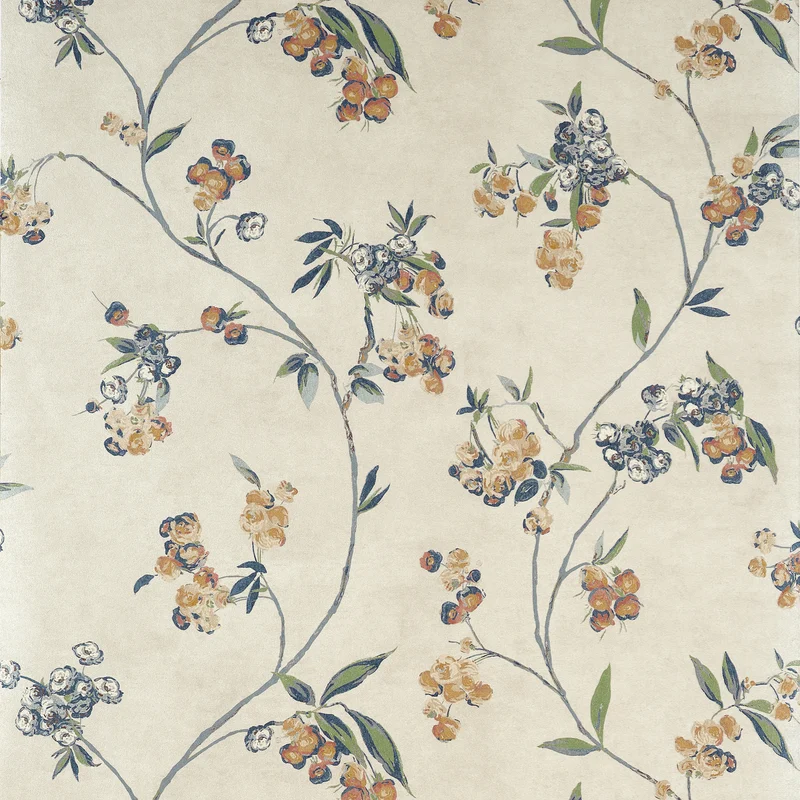 Thibaut Edo Bloom — Apricot and Slate on Pearl Non Woven wallpaper in Apricot and Slate on Pearl