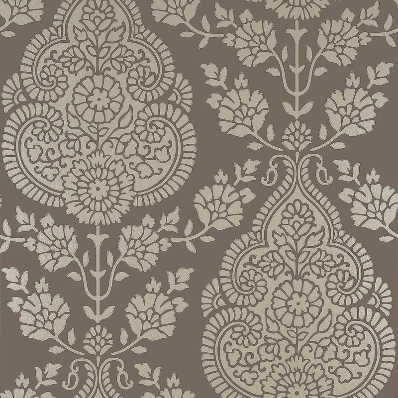 Thibaut Balmuccia Damask — Pewter on Chestnut Non Woven wallpaper in Pewter on Chestnut
