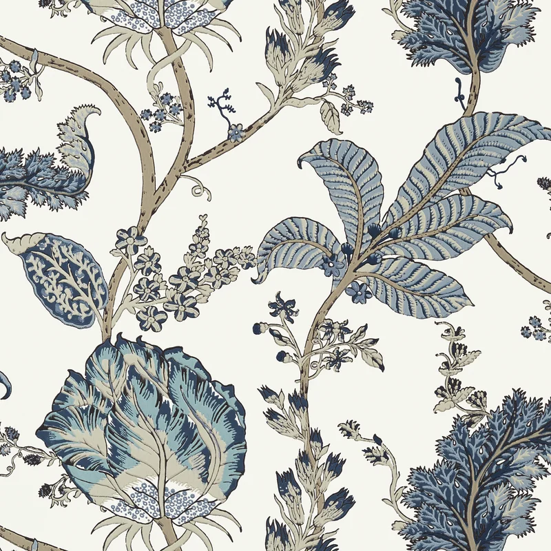 Thibaut Kalamkari Vine — Blue and White Non Woven wallpaper in Blue and White