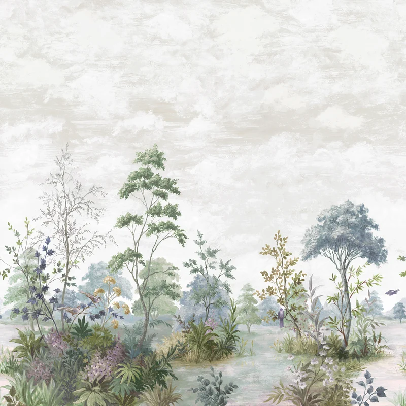 Thibaut Cumbria Mural — Pale Blue and Green on Pearl 2 Panel Mural, Non Woven wallpaper in Pale Blue and Green on Pearl
