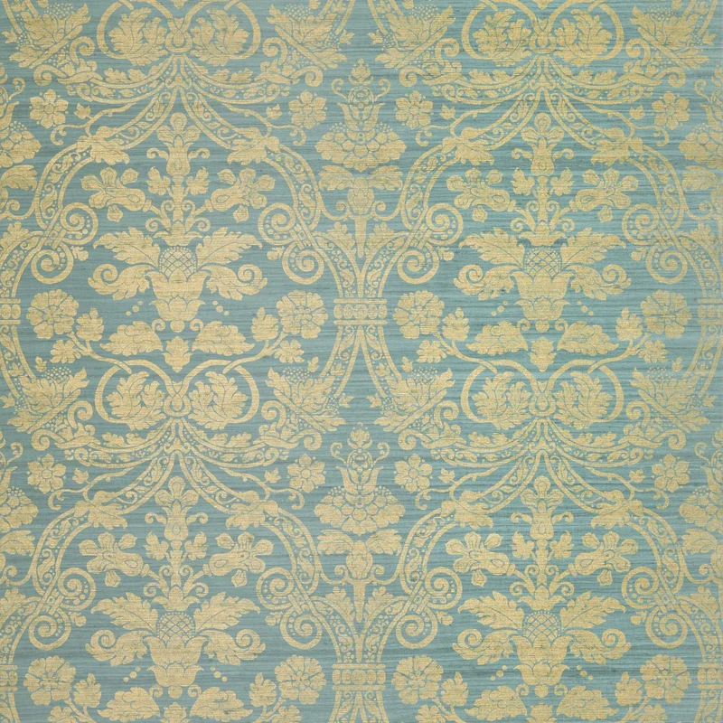 Thibaut Curtis Silk Damask — Blue on Metallic Gold wallpaper