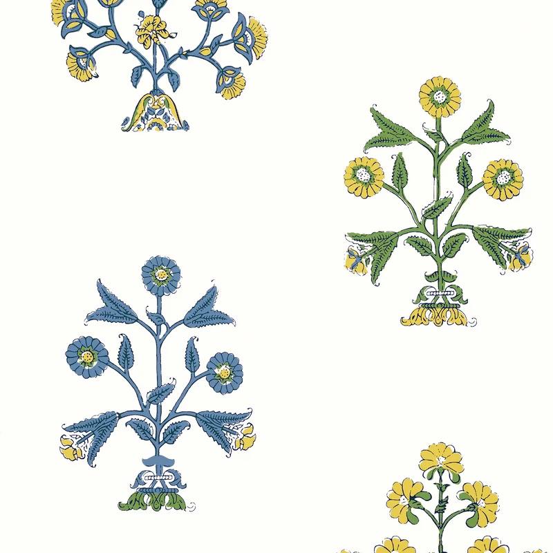 Thibaut Indian Flower — Blue and Yellow Wallpaper wallpaper in Blue and Yellow
