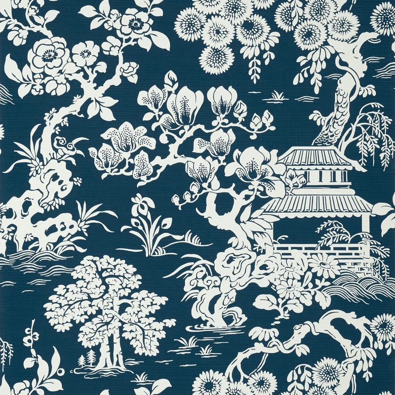 Thibaut Japanese Garden — Navy Embossed Vinyl on Non Woven wallpaper in Navy