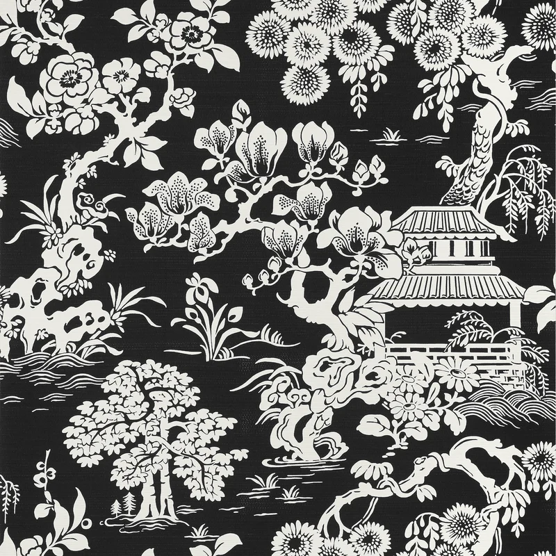 Thibaut Japanese Garden — Black Embossed Vinyl on Non Woven wallpaper in Black