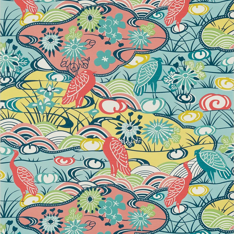 Thibaut Heron Stream — Coral and Aqua Embossed Vinyl on Non Woven wallpaper in Coral and Aqua