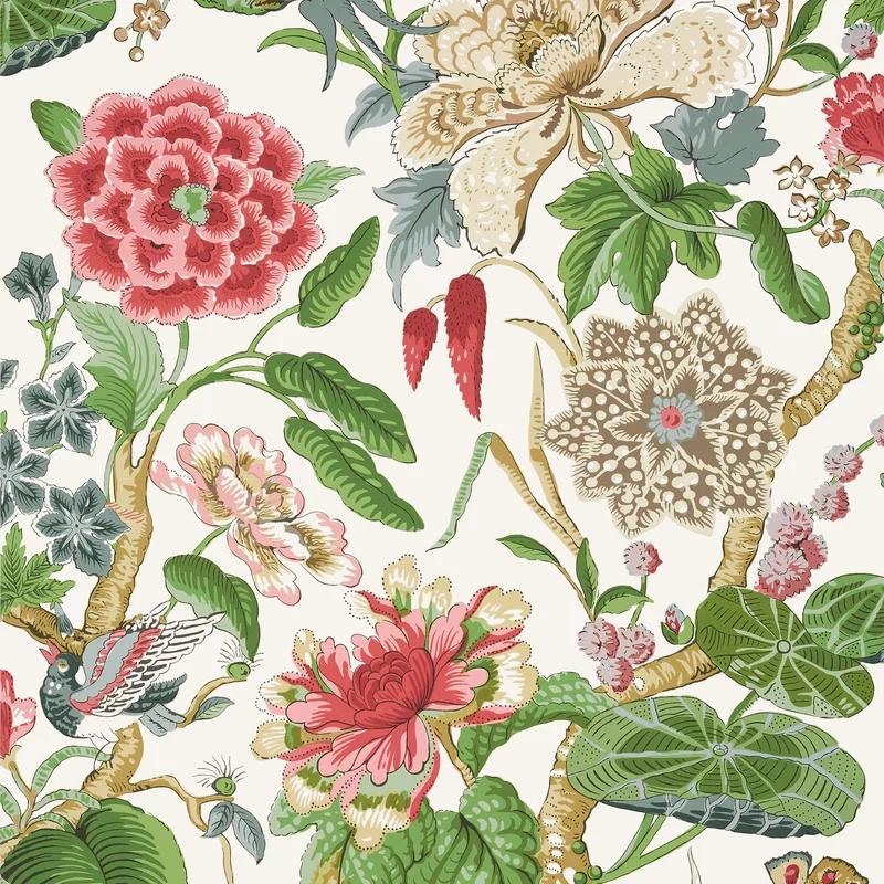 Thibaut Hill Garden — Coral and Green Non Woven wallpaper in Coral and Green