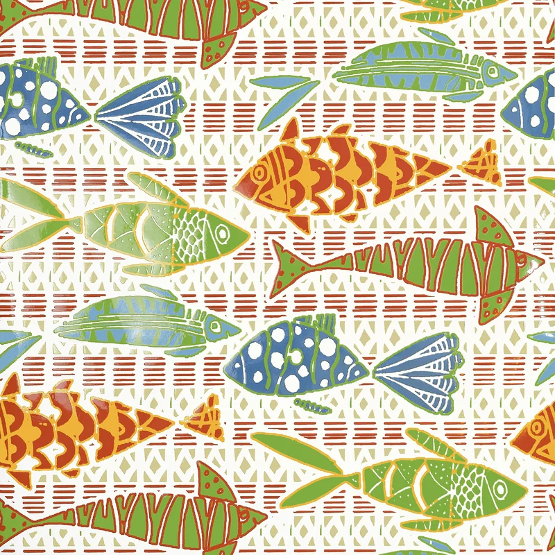 Thibaut Batik Fish — Coral and Blue Non Woven wallpaper in Coral and Blue