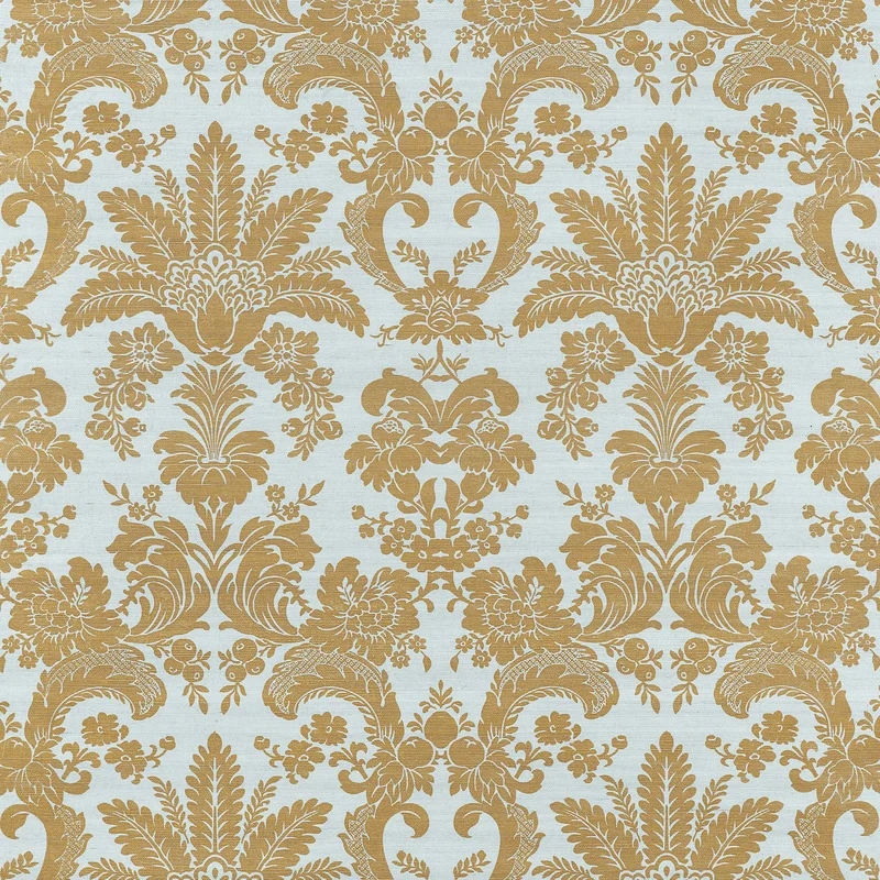Thibaut West Indies Damask — Metallic Gold on Aqua Printed Sisal wallpaper in Metallic Gold on Aqua