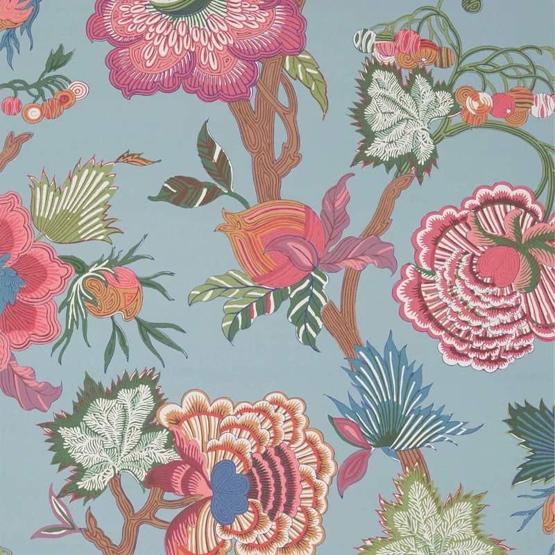 Thibaut Indienne Jacobean — Raspberry and Teal Non Woven wallpaper in Raspberry and Teal
