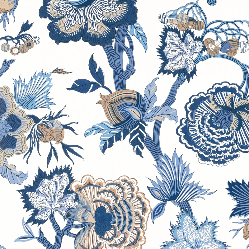 Thibaut Indienne Jacobean — Blue and White Non Woven wallpaper in Blue and White