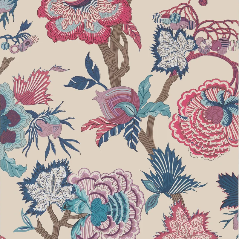 Thibaut Indienne Jacobean — Raspberry and Blue on Natural Non Woven wallpaper in Raspberry and Blue on Natural