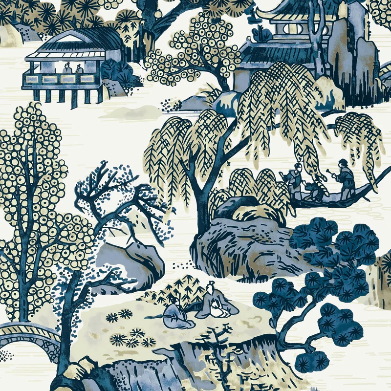 Thibaut Asian Scenic — Blue and Beige Wallpaper wallpaper in Blue and Beige