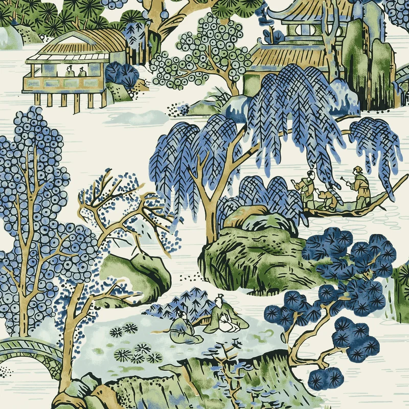 Thibaut Asian Scenic — Blue and Green wallpaper