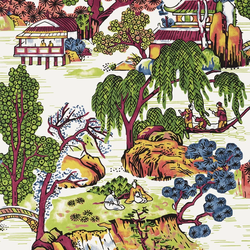 Thibaut Asian Scenic — Coral and Green wallpaper