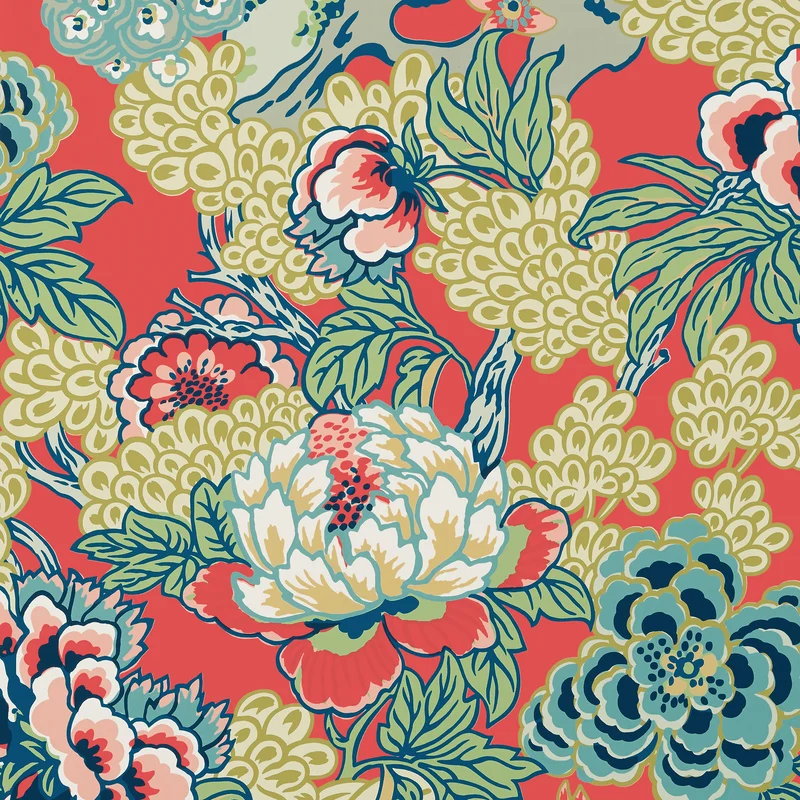 Thibaut Honshu — Coral and Green Wallpaper wallpaper in Coral and Green