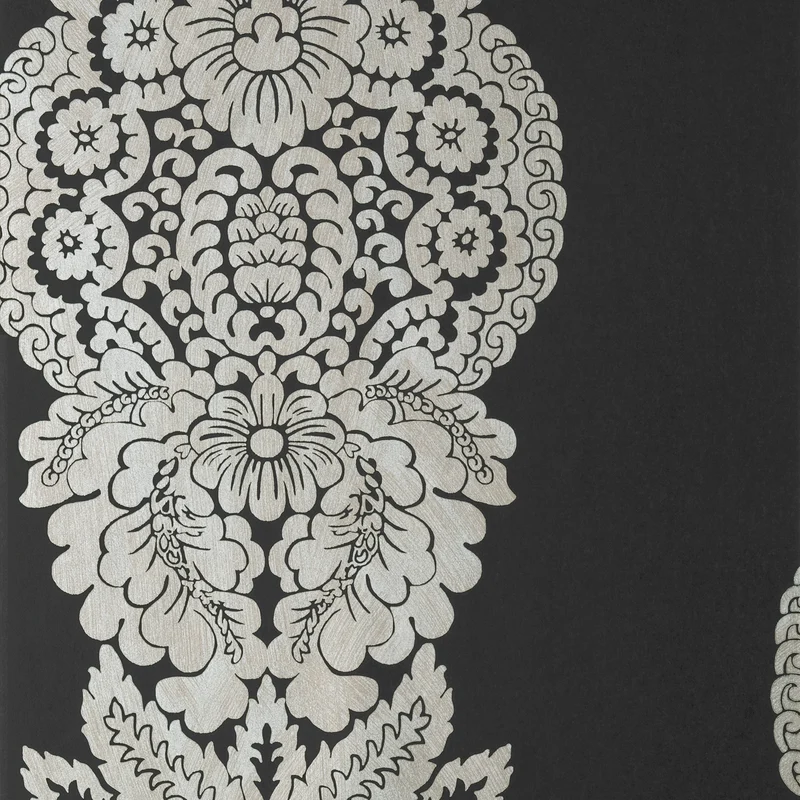 Thibaut Rowan Damask — Metallic Silver on Black Non Woven Wallpaper wallpaper in Metallic Silver on Black