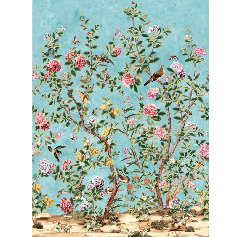 Thibaut Jardin Bloom Mural — Turquoise 3 Panel Mural, Non Woven wallpaper in Turquoise