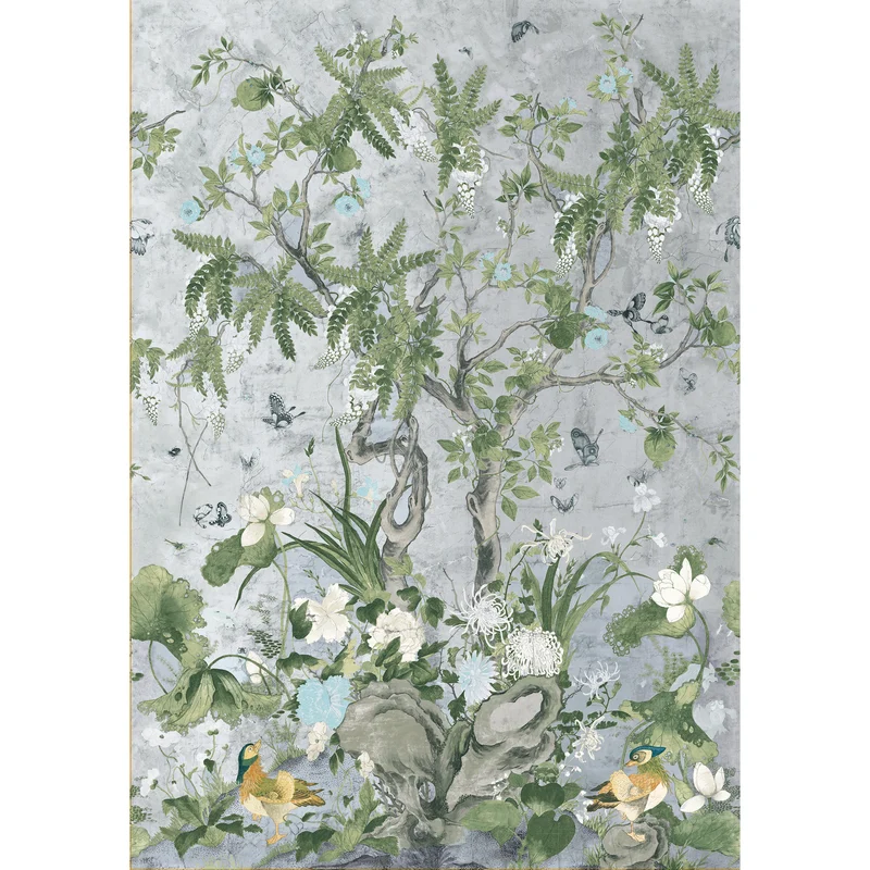 Thibaut Wild Wisteria Mural — Metallic Silver 3 Panel Mural, Non Woven wallpaper in Metallic Silver