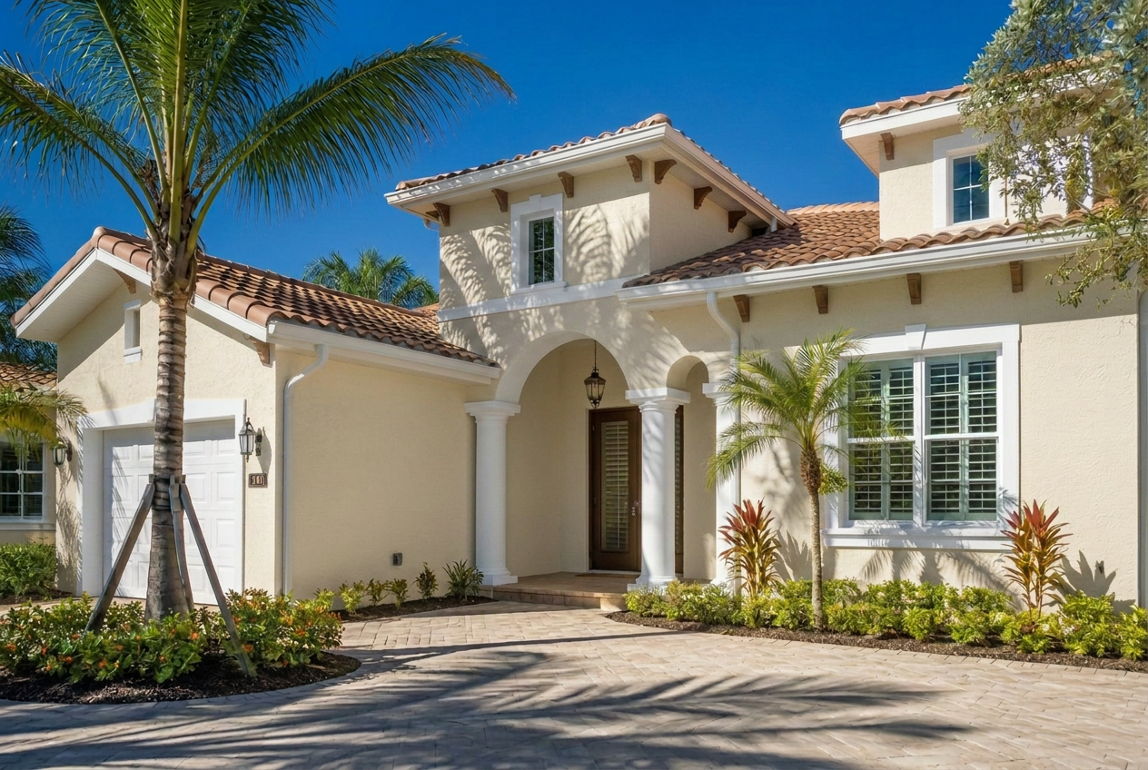 South Florida stucco home in Benjamin Moore Wyndham Cream with white trim, painted with Aura Exterior