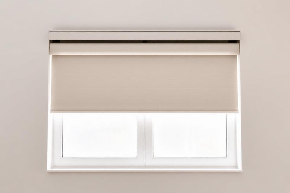 Roller shade tube concealed behind a slim headrail cover