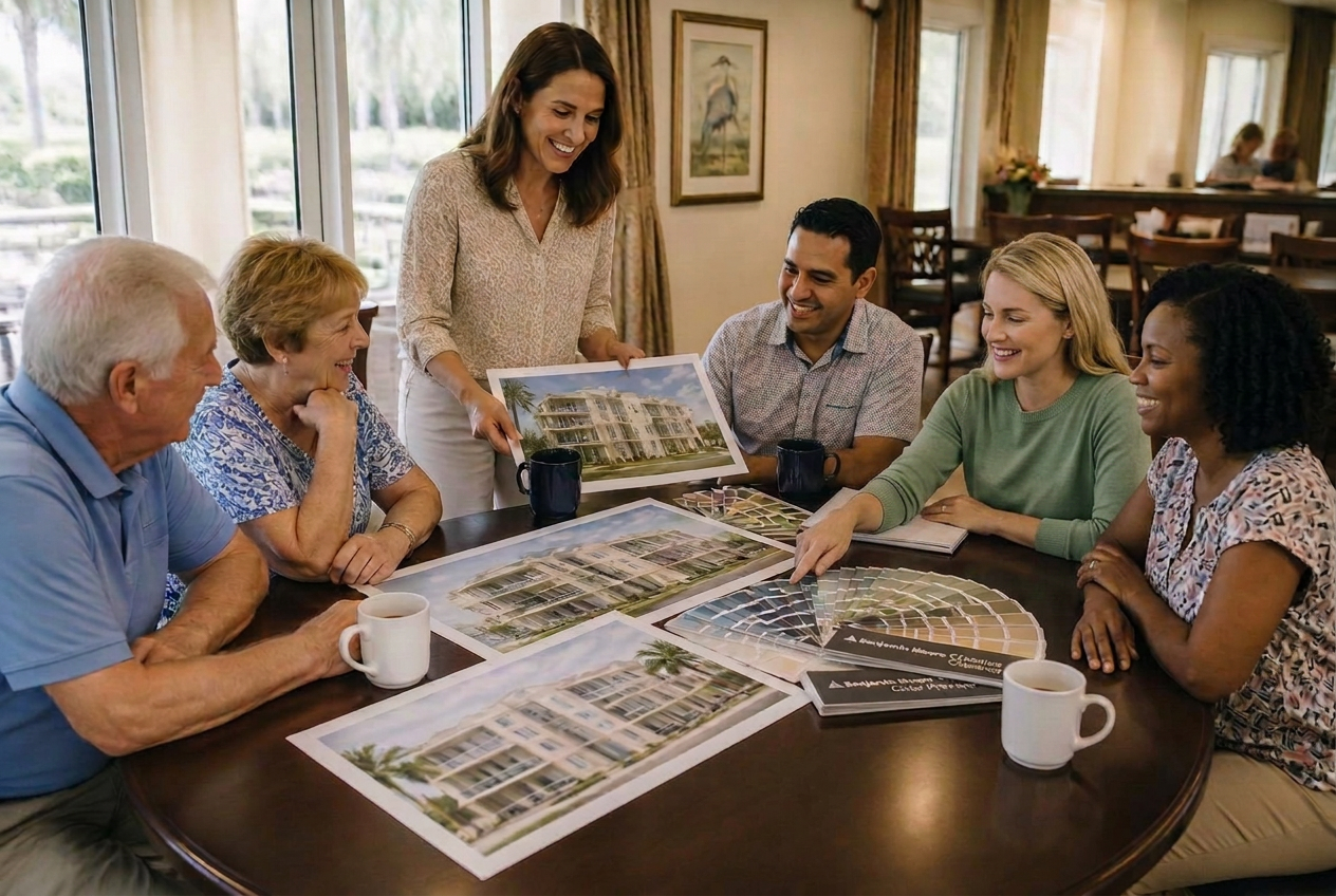 Hessler outside sales representative reviewing condominium exterior color scheme renderings with an HOA board