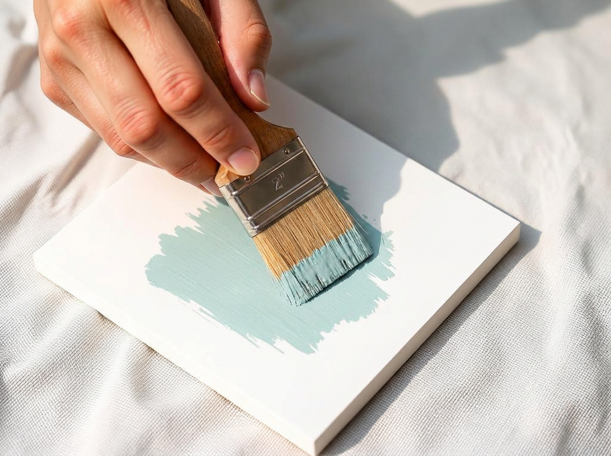 Hand brushing Palladian Blue sample paint onto a white board with a 2-inch natural bristle chip brush