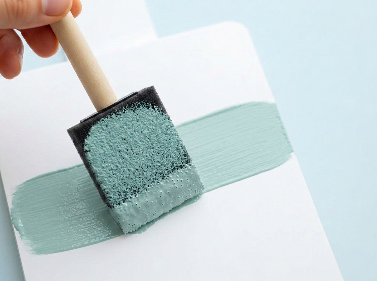 Hand brushing a Palladian Blue stroke across a white sample board with a black foam brush on a wooden handle