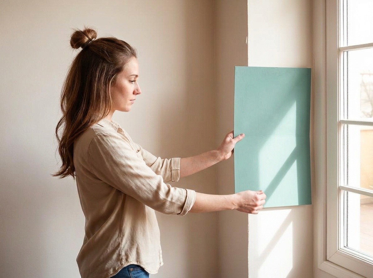 Woman holding a green-teal painted sample poster board flat against a sunlit wall beside a window