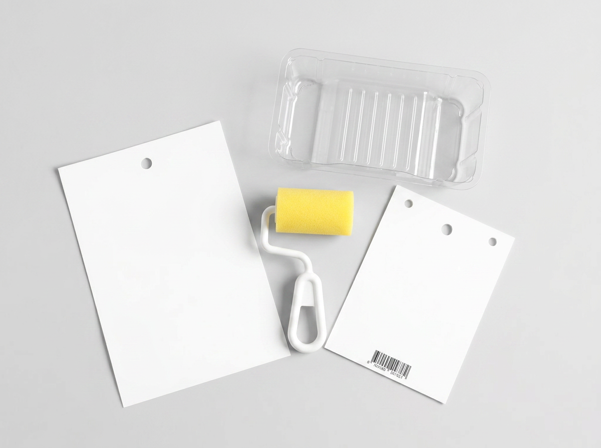 Foam Pro color tester sample kit with yellow foam mini roller, clear plastic tray and white sample boards