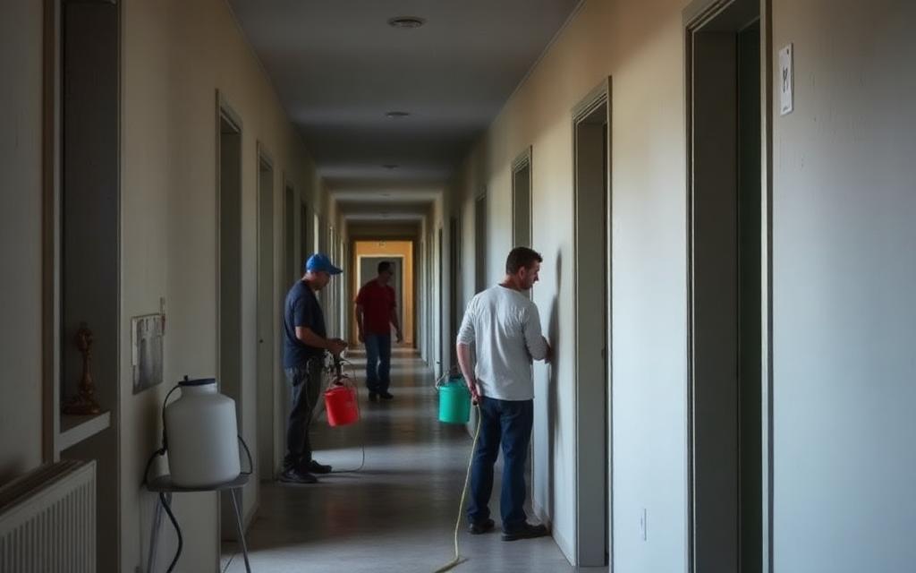 Maintenance crew repainting an apartment corridor with Coronado paint
