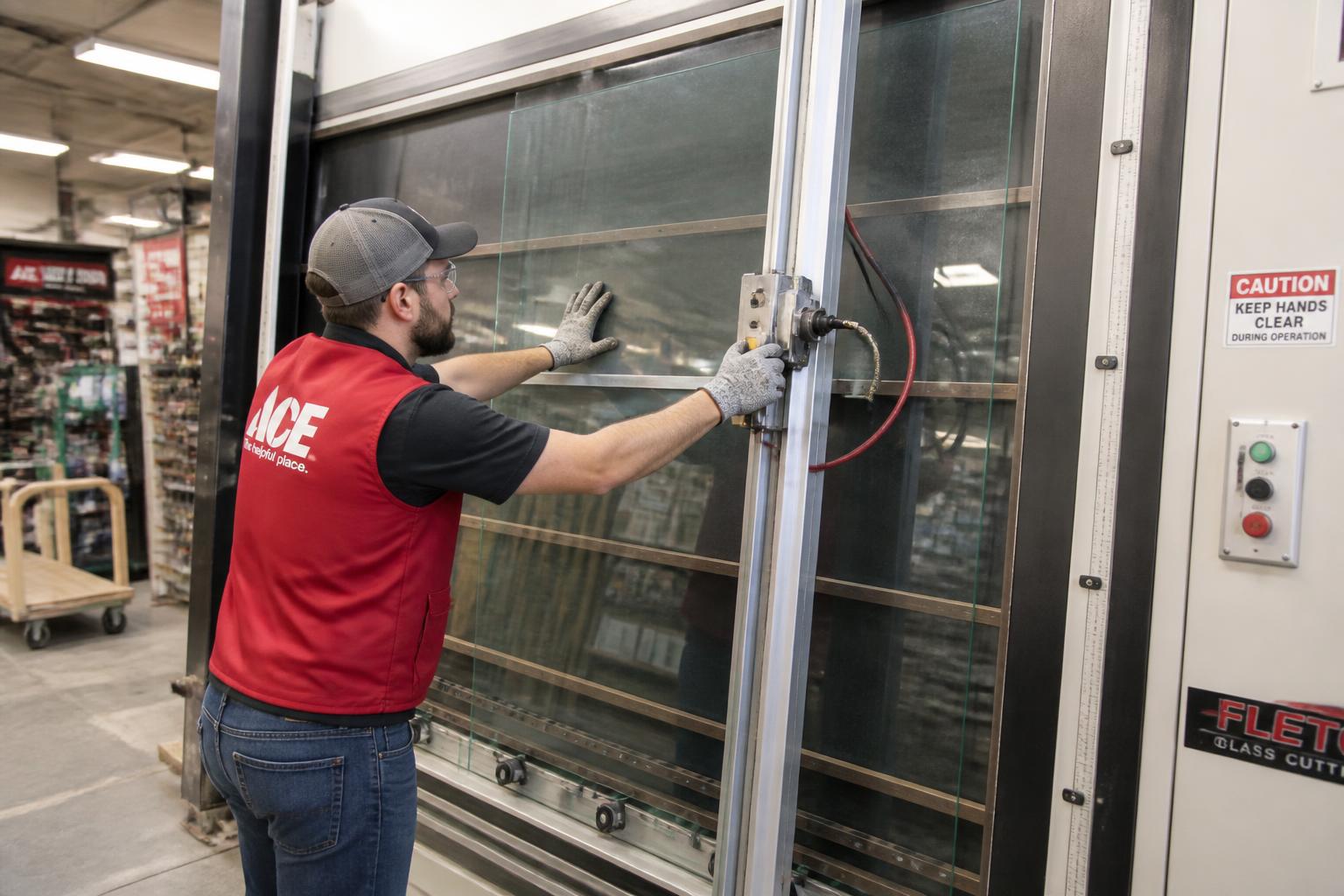 Hessler associate cutting a sheet of glass to size on a wall-mounted vertical glass cutting machine