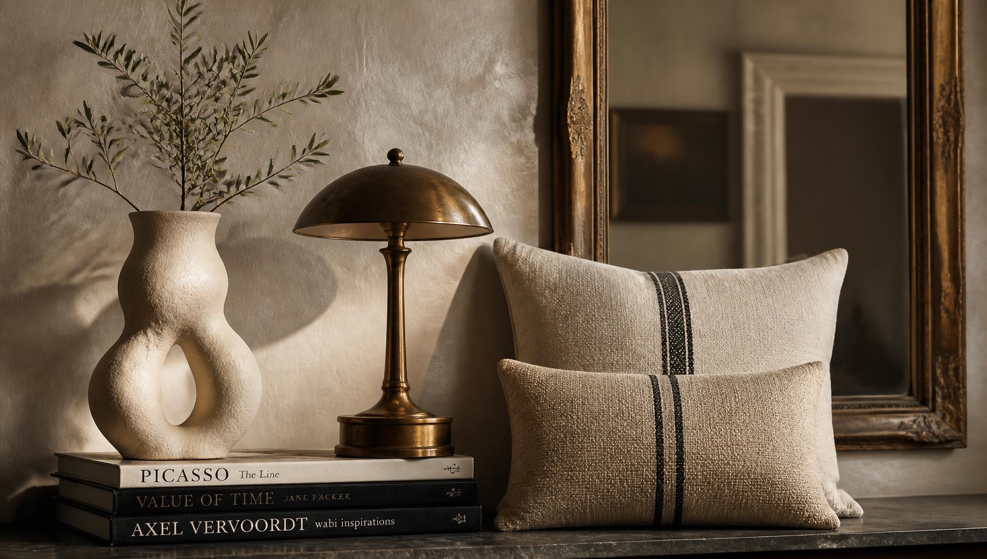 Ceramic vase, brass lamp, and linen pillows styled on a console table