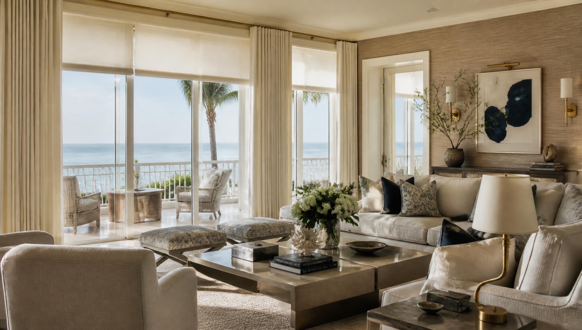 Coastal living room with custom drapery and layered shades