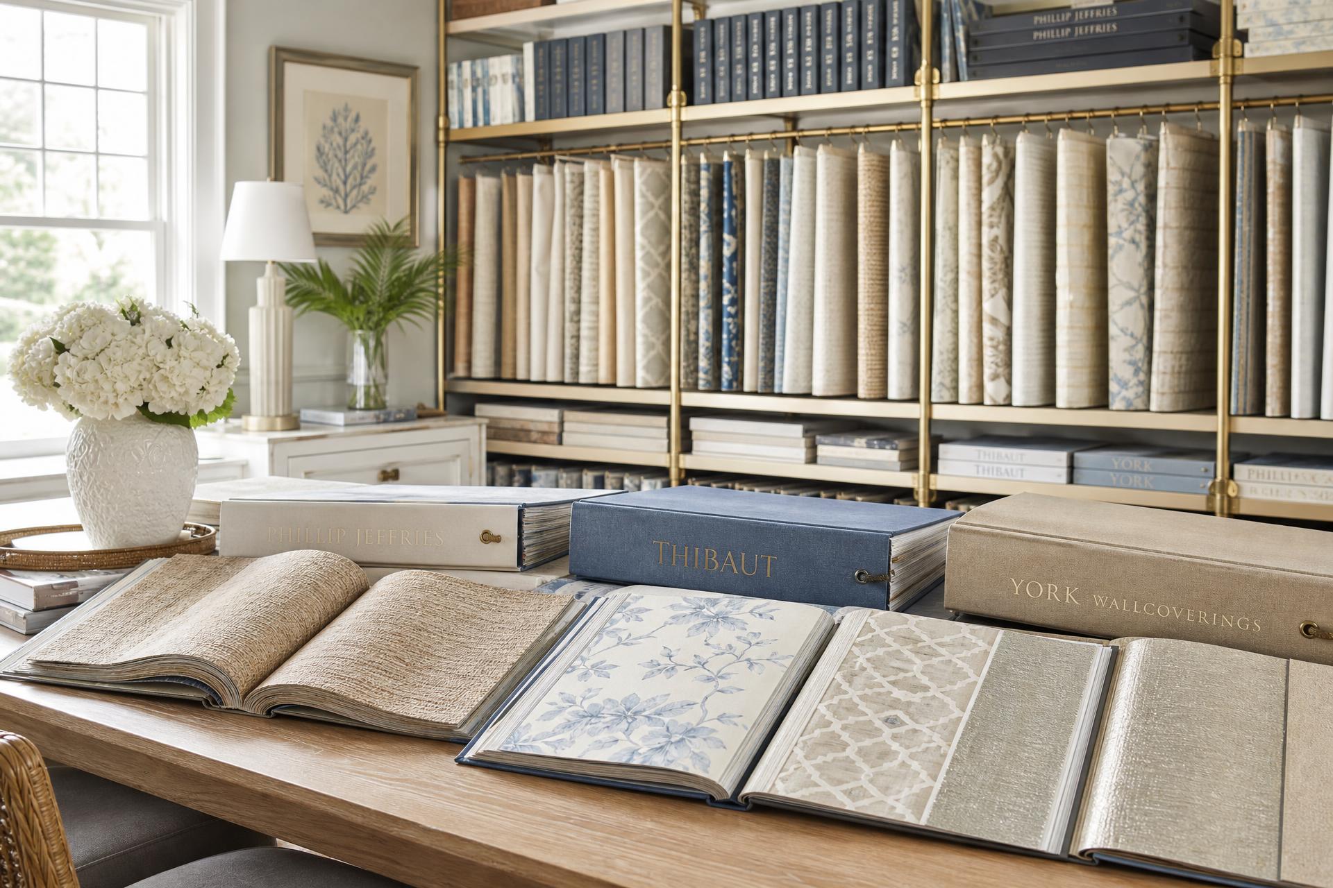 Phillip Jeffries, Thibaut, and York wallcovering books open on the table in the Hessler Interiors wallpaper library