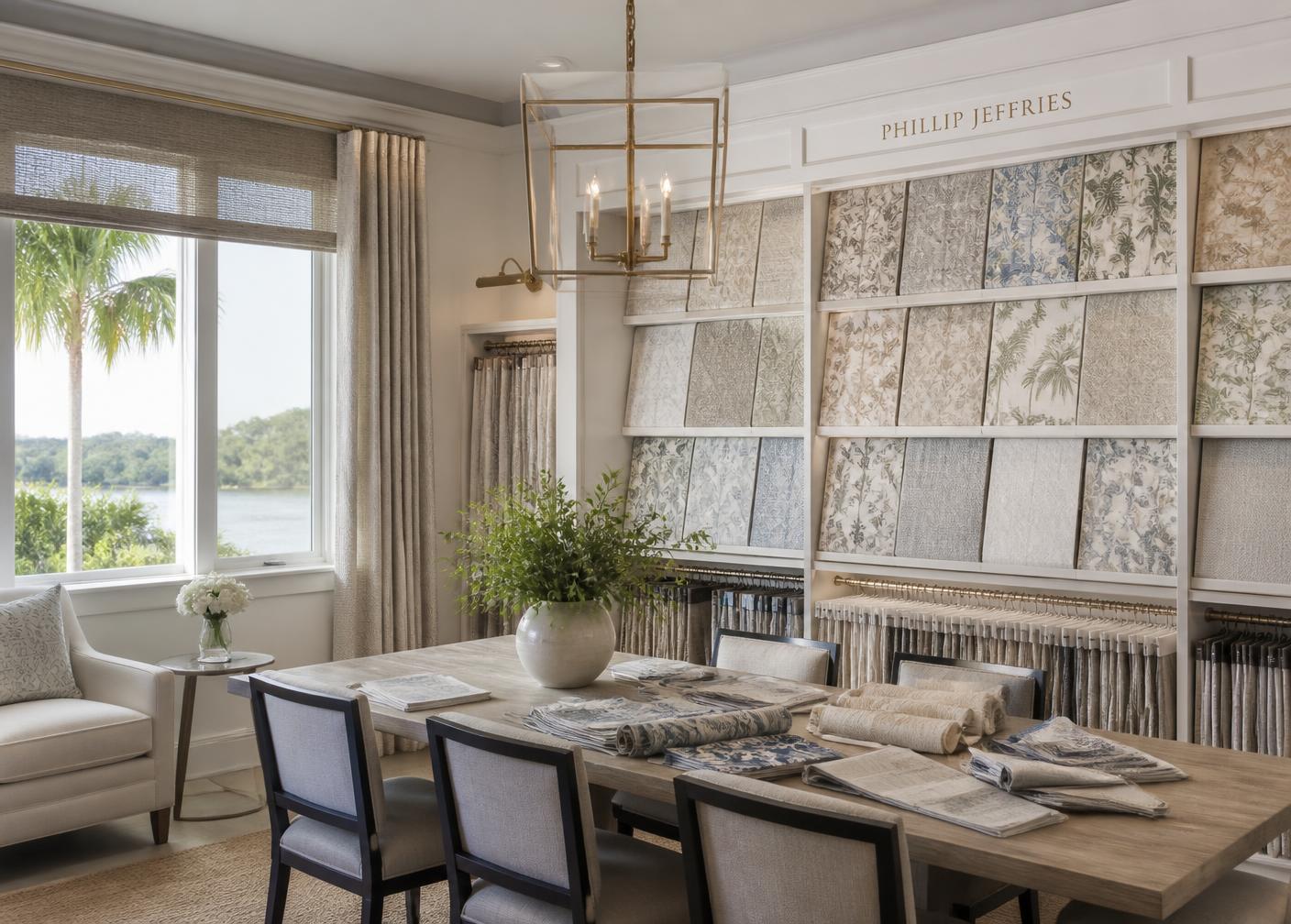 Wallpaper library and drapery samples in the Hessler Interiors showroom