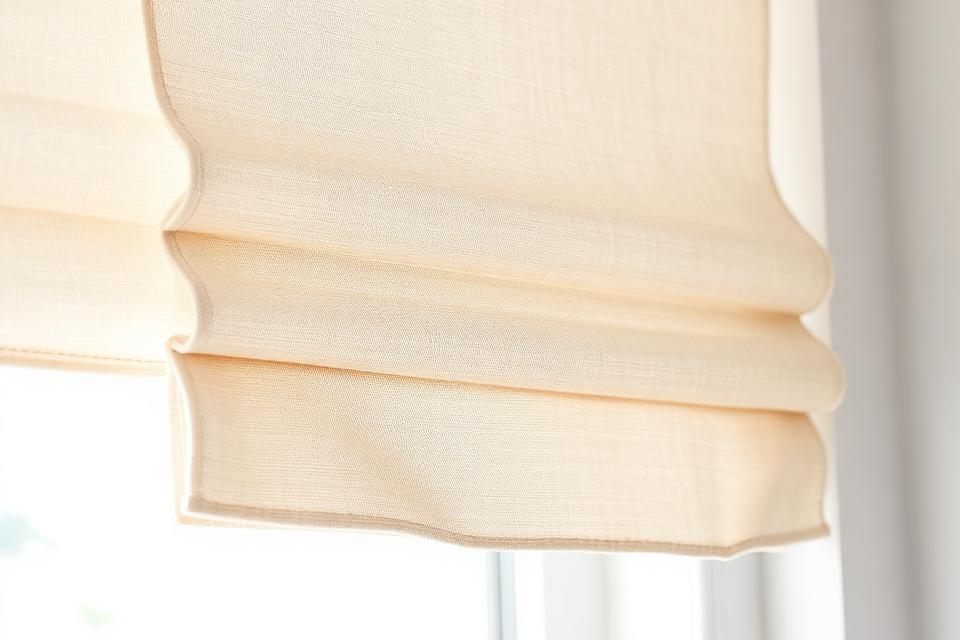 Linen Roman shade folds showing the lining behind the face fabric