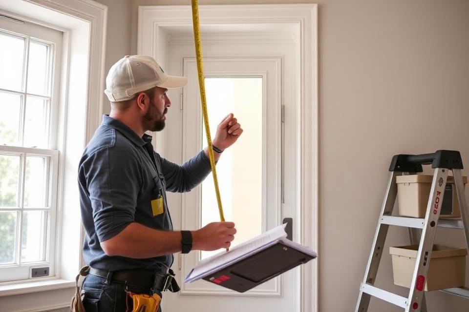 Installer measuring a window opening with a tape measure