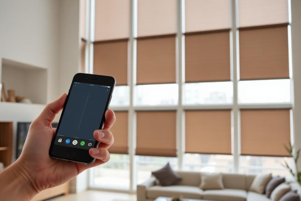 Phone app controlling motorized shades on a wall of tall windows