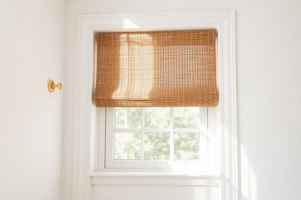 Woven wood shade outside mounted on the wall above the window trim