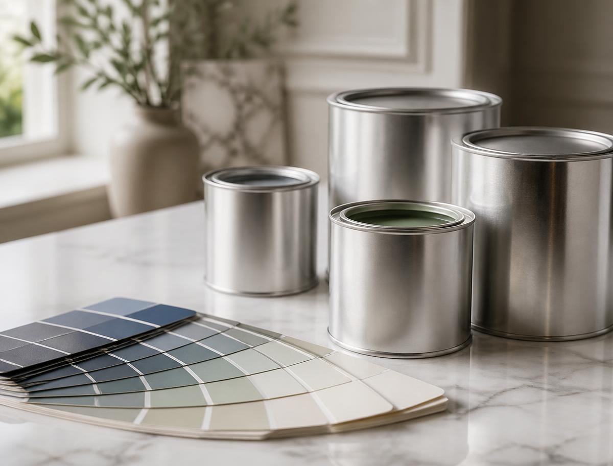 Paint cans and a fan deck of Benjamin Moore color chips on a marble counter