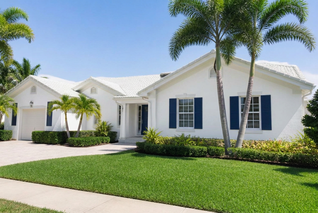 South Florida stucco home repainted with Benjamin Moore Regal Select Exterior in a crisp white with navy shutters