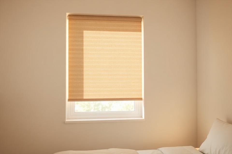Room darkening shade glowing softly with daylight through the fabric