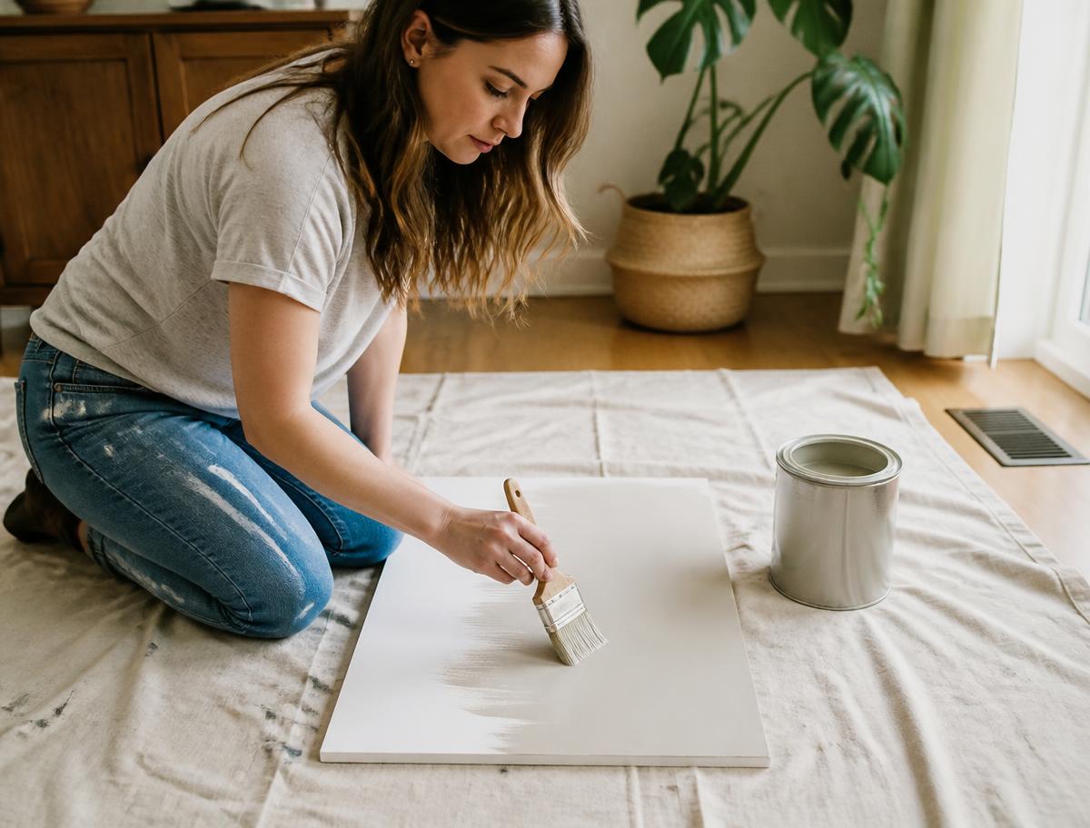 Woman brushing a coat of paint onto a white sample poster board on a drop cloth